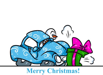 Christmas snowman character car accident gift cartoon illustration isolated image