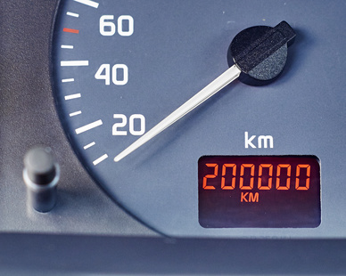Dashboard of a car with big mileage - two hundred thousand kilometers