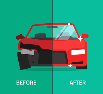 Car before after, crashed, broken and repaired auto maintenance service