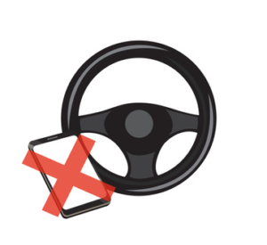 Vector image of a steering wheel and a mobile phone with a cross