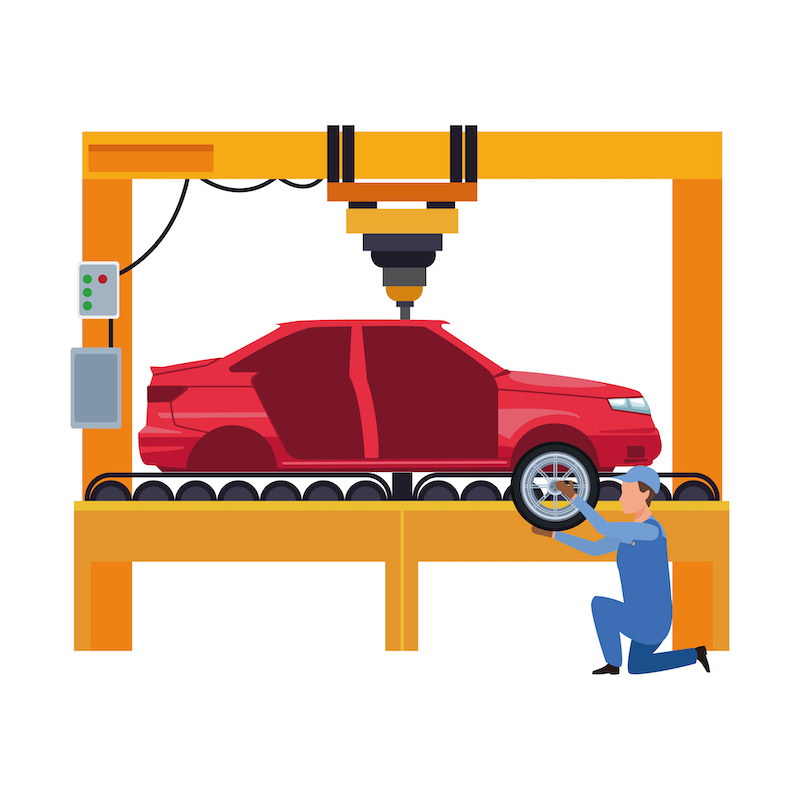 car repair design of mechanic working at machine with car body over white background, vector illustration