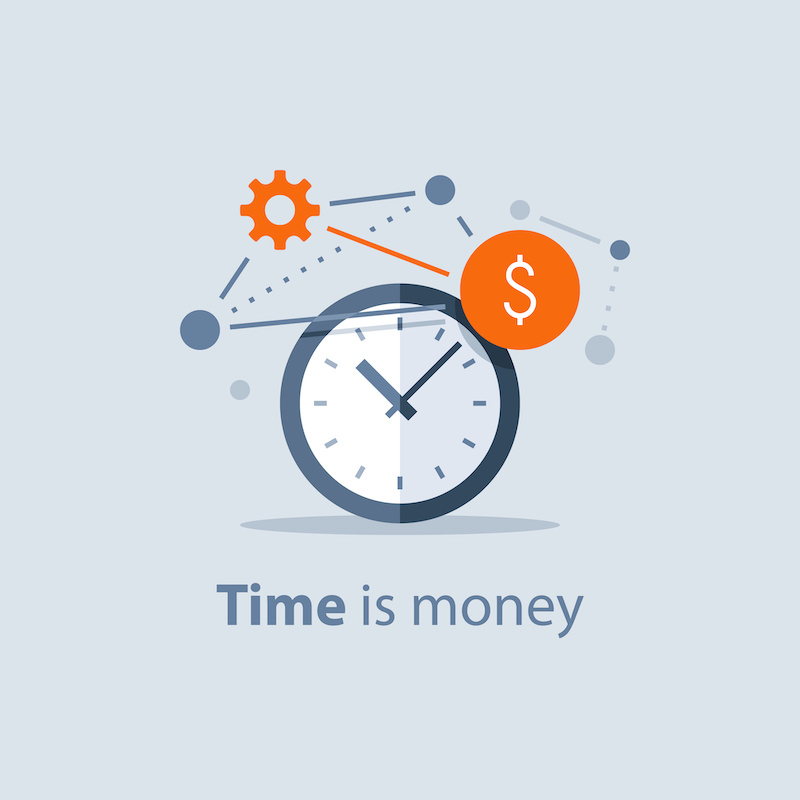 Time is money concept, long term investment, financial future planning, pension savings fund, finance solutions, payment deadline, time management, vector icon, flat design illustration