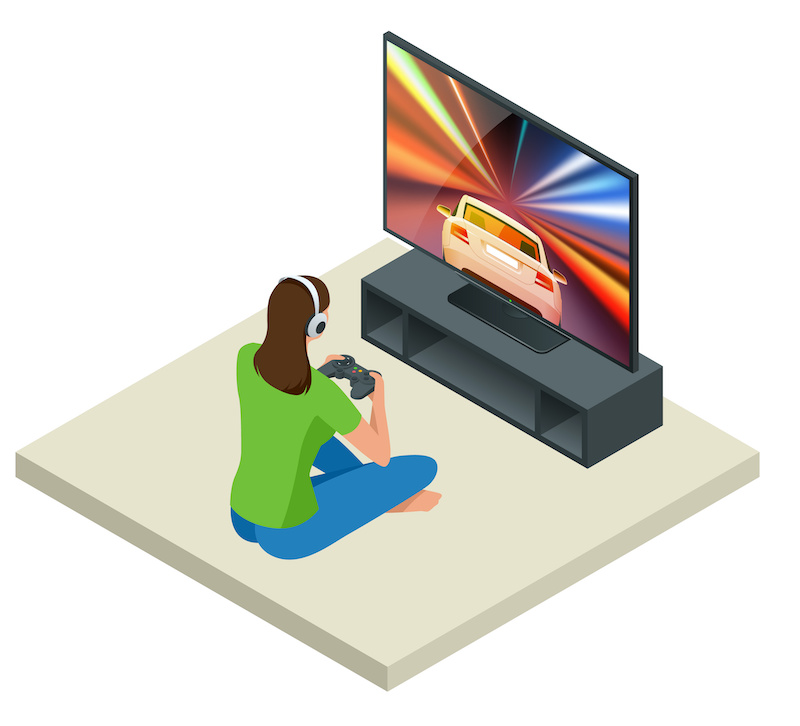 Isometric young woman plays video game on TV using Gamepad. Driving car in video game. Gaming addiction concept. Flat style vector illustration.