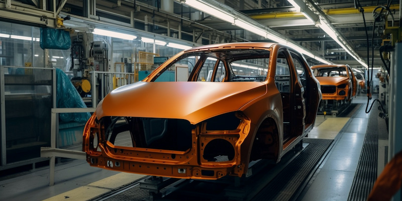 Car bodies are on assembly line factory for production of cars modern automotive industry a car being checked before being painted in a hightech enterprise