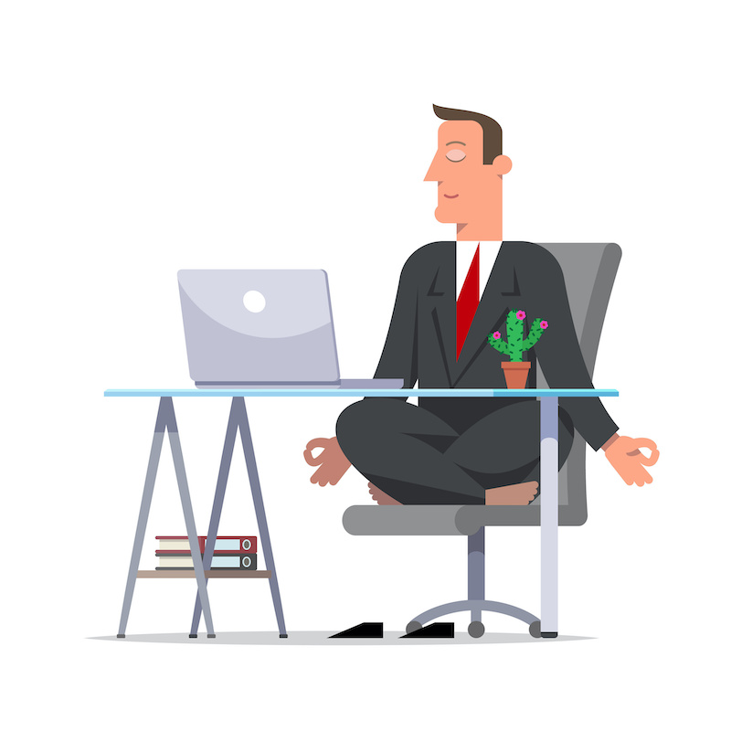 Businessman or clerk in a black suit meditating in office sitting in lotus pose, he is relaxed. Business yoga. Cartoon character, flat style vector illustration.