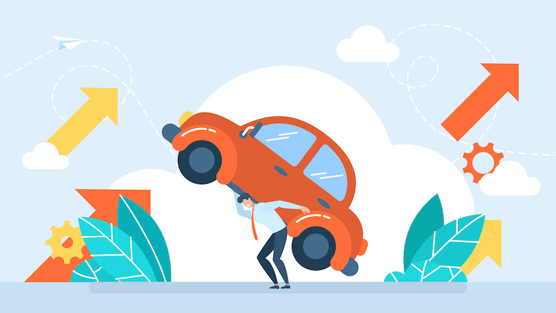 Car maintenance costs. A man holds a car on his back. High price for auto fuel concept. Economy, refueling, city transport concept. A heavy burden. Financial expenses. Flat illustration