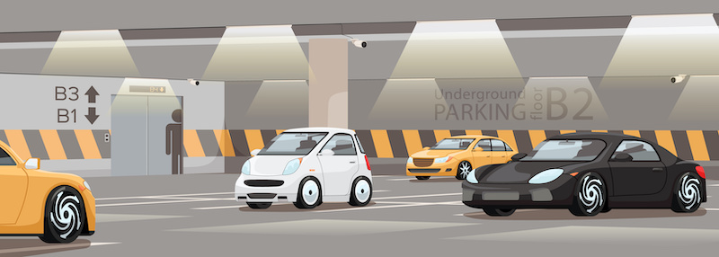 Indoor city garage. Infrastructure in modern city. Building underground parking. Empty slots for automobile. Urban transport carpark. Location for vehicles. Concept of concrete underground parking