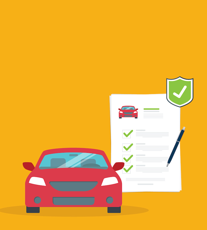 Car insurance document, report. Paper agreement checklist or loan checkmarks form list approved with automobile icon, vehicle financial, car dealership legal deal.