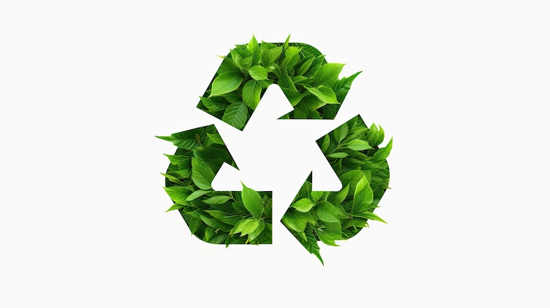 Green recycle symbol made out of leaves, nature's elements, white background with copy space. AI generated.