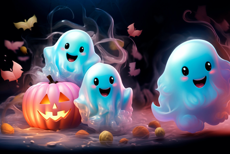 Cute Halloween ghosts with beautiful kind pumpkins in delicate colors.