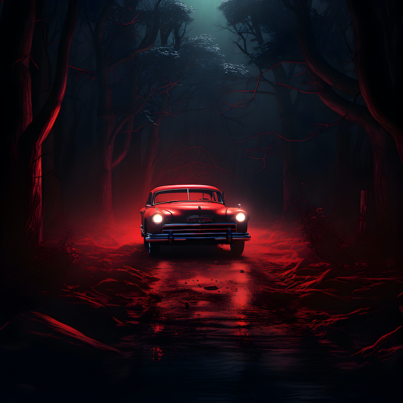 Halloween car in the dark forest glowing red. Generated AI