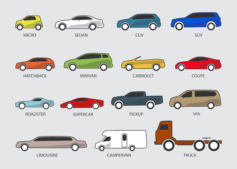 Color Car Type and Model Objects icons Set . Vector illustration isolated on white background with shadow. Variants of automobile body, car silhouette for web, template.
