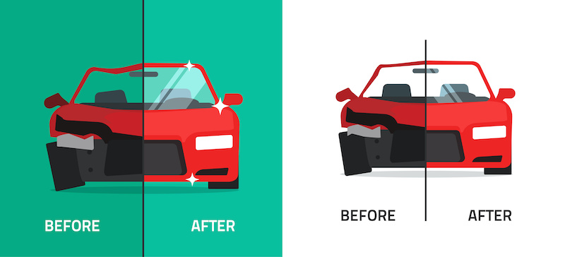 Car before crash damage and after repairing vector flat cartoon, broken automobile accident collision and auto repaired illustration, maintenance service banner image