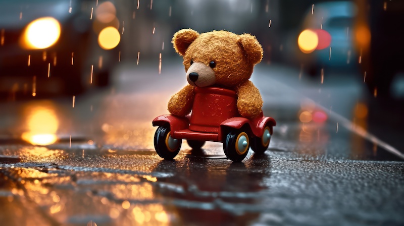 a small teddy bear on a wet slippery road after rain against the background of car headlights. danger on the road.car accident. life and health insurance concept. Generative AI