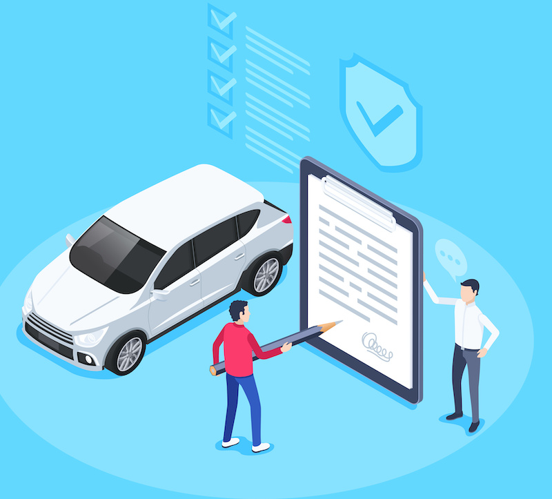 isometric vector image on a blue background, a man signs a car insurance, filling out documentation and registration of a vehicle