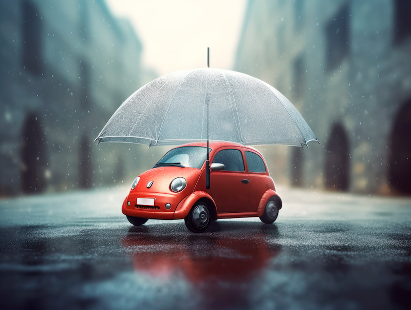 Road Safe Assurance: Unwavering Support and Protection for Your Vehicle. Your Reliable Car Insurance Company, Automobile under the umbrella in rainy day. Safety concept. Ai Generative