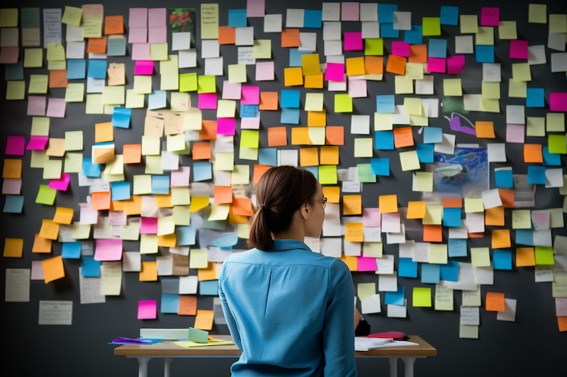 Young female employee with conflicting priorities. To many sticky notes and reminders in the office. High quality photo auto body repair timelines