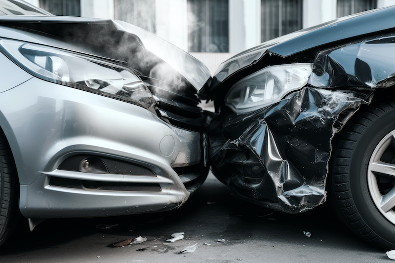 car accident. frontal crash of two cars closeup. generative AI