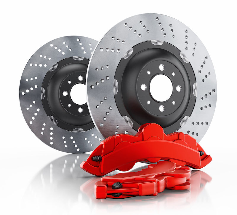 Car brake disc and red caliper isolated on white background. 3D illustration.