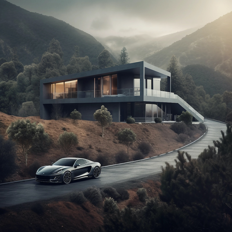 a sports car driving down a hill in front of a modern house, in the style of stark visuals, moody atmospheres, grandiose interiors, furaffinity, landscape photography, solarizing master, ultra realist brakes