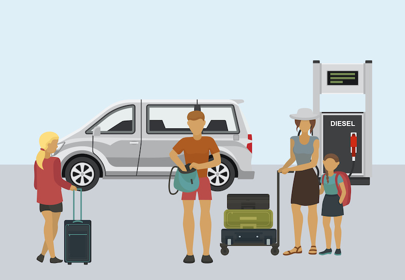 Family travel vector illustration flat style. Father, mother and daughter standing with suitcases lying in luggage trolley in front of diesel filling gas station and minivan car.