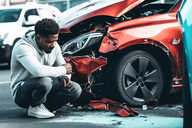 Young black man driver in car accident and holding his head near broken car on the road after a car accident. Car accident on the street, damaged cars after collision. Violation of traffic rules