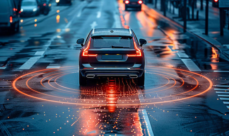 High-tech autonomous car with activated safety systems visualized by glowing lines and grids on a wet urban street, symbolizing advanced driver assistance