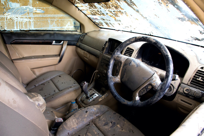 Inside water damaged car in the aftermath of water flooded in bangkok thailand.18 October 2017