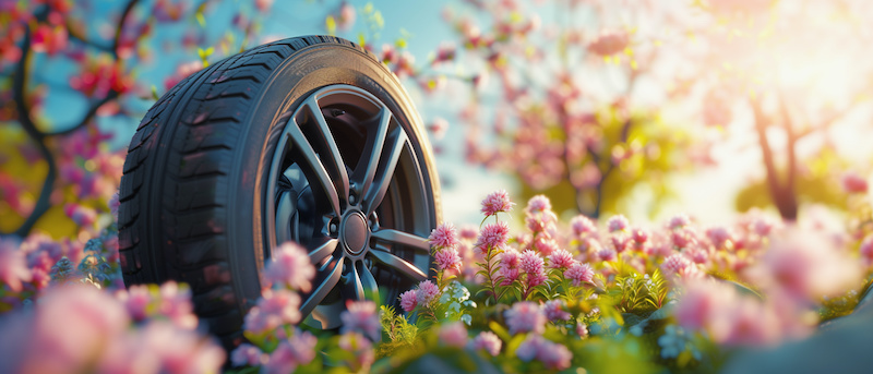 summer tires in the blooming spring in the sun - time for summer tires