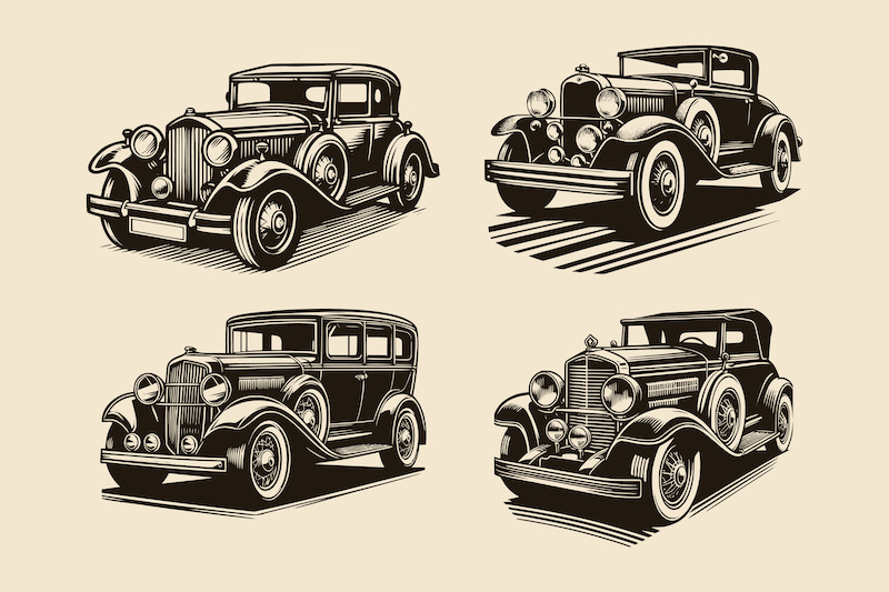 set of classic car silhouette. vintage old style car isolated background