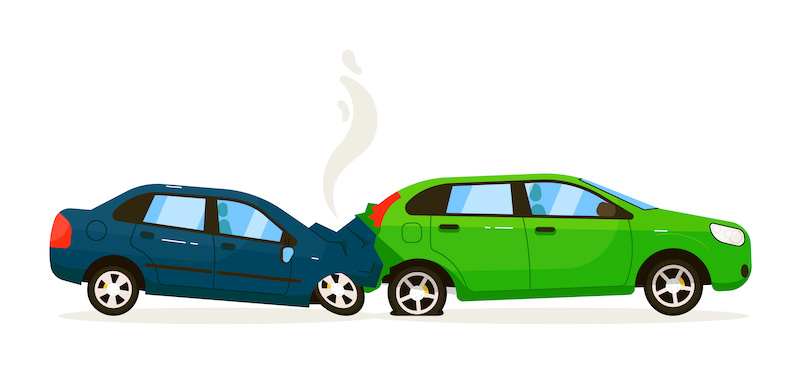 Rear end collision. Two isolated vector car impact on white road background. Rear end traffic collision illustration