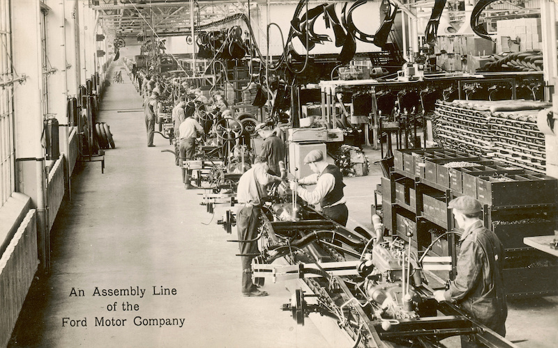 Assembly line for cars, Ford Motor Company, USA. Date: circa 1920s