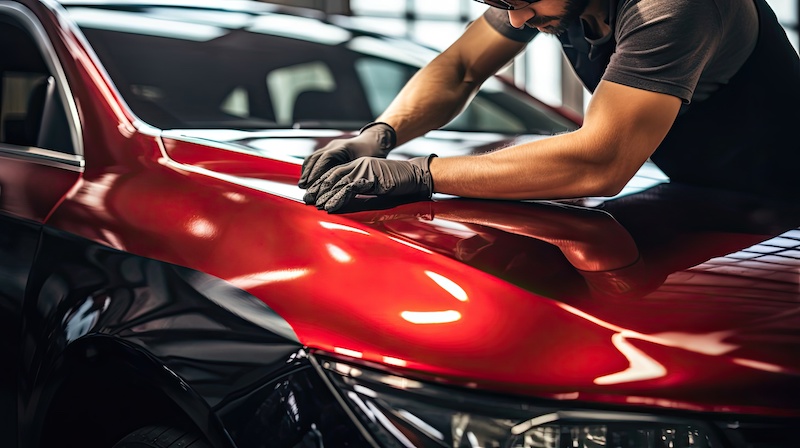 Auto body repair specialist is hard at work, using their knowledge and tools to fix a dent on the car's fender, ensuring a flawless restoration. Generated by AI.