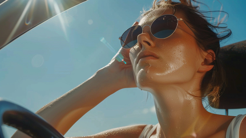 Sun burn and climate change problem in summer , woman with sweat on face in the car.