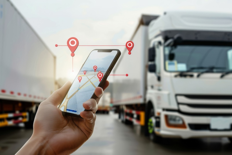 A detailed view of a person's hand holding a smartphone displaying a GPS navigation map with pinpointed locations, in front of blurred logistics trucks.