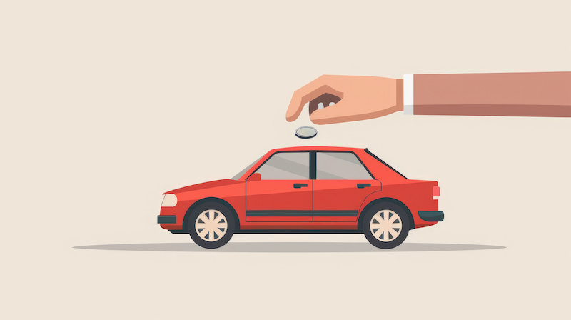 Flat design illustration of a hand holding a coin over a red car, symbolizing investment, savings, or car buying.