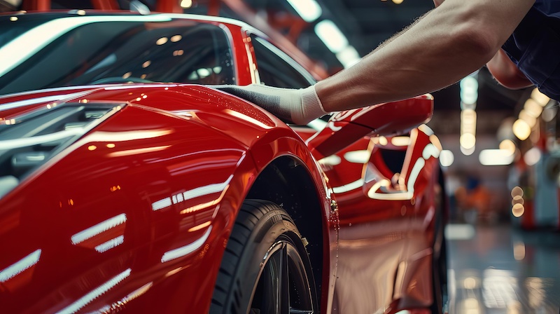 closeup of auto body mechanic carefully buffing scratch on red sports car professional vehicle repair service