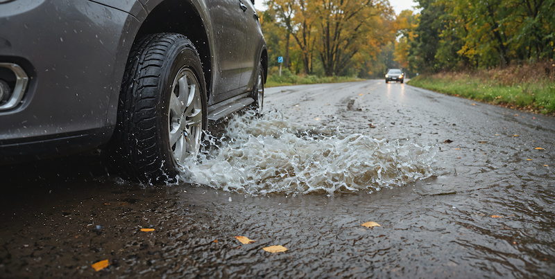 Close-up of a tire of a car on the road in wet road conditions that can affect handling and braking distance - ai generated