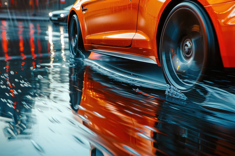 fast car on wet road