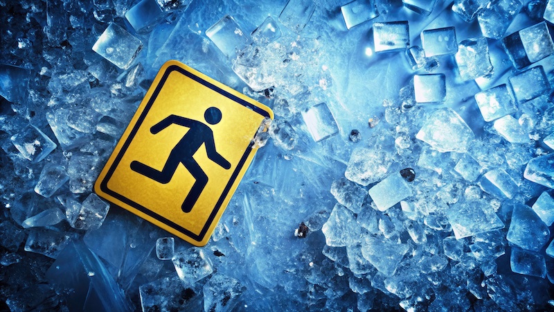 A stylized caution icon slips and falls on a frozen blue surface, surrounded by icy shards, conveying a sense of winter hazard and slippery conditions.