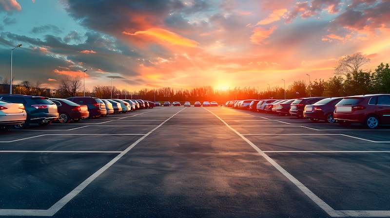 Car parking in parking lot near a wide asphalt road with beautiful colorful cloudy sky background under sunlight in sunny day