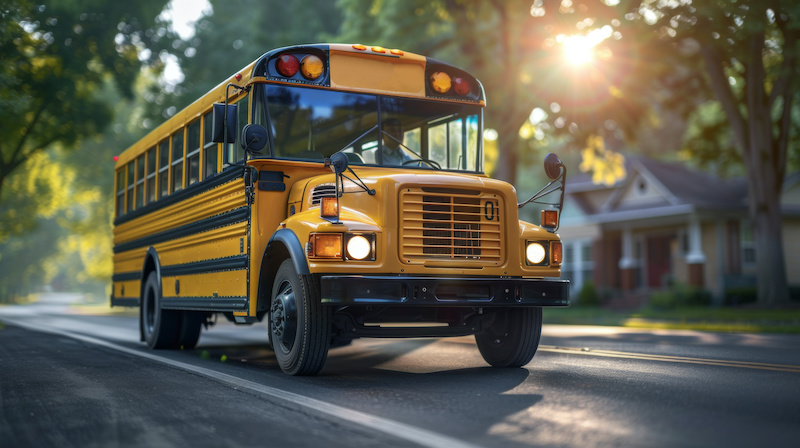 A classic yellow school bus driving down a suburban street on a sunny day, symbolizing education and transportation.