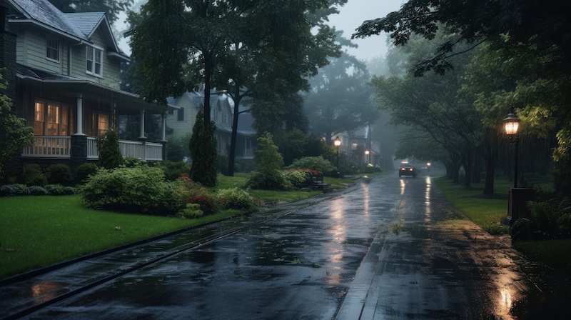 A quiet suburban street with houses and trees on a rainy evening. The street is wet and shiny from the rain, with a car driving down it. The light from the streetlamp reflects off the wet pavement.