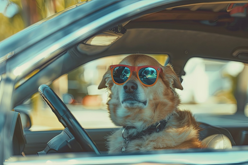 A dog driving a car on a suburban street wearing funny sunglasses. --ar 3:2 Job ID: e73bd3ce-0b31-4de2-8f9d-b90baf57956e