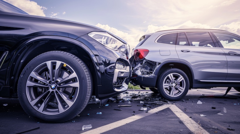 Two cars damaged in head on collision on street, car crash resulting in damaged vehicles