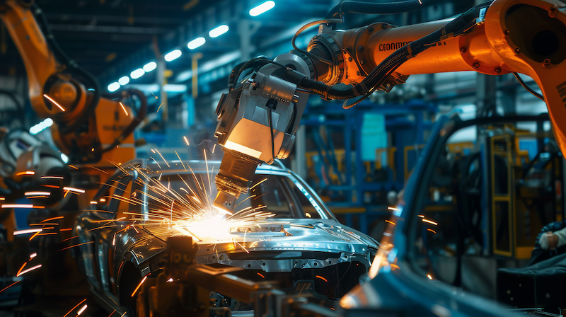 Robotic welding in the industrial factory car