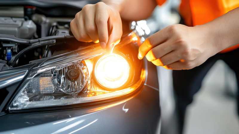 A person is working on a car's headlight, and the light is on. The person is wearing an orange shirt