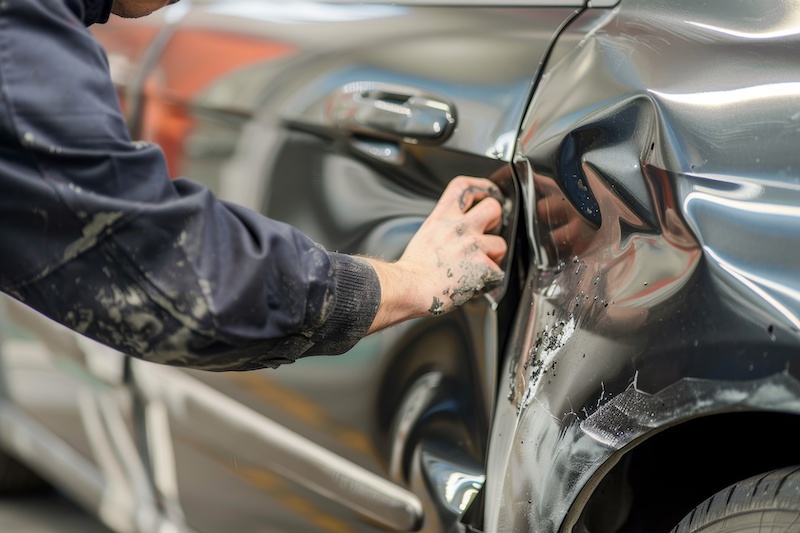 Skilled specialist restores dented car fenders for flawless auto body repair and restoration