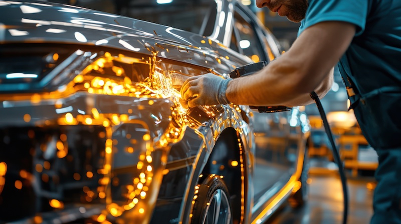 02081508 05 Close-up of a man is hands holding a sander, meticulously working on the surface of a shiny, modern car in a professional auto body repair shop, with focused expression and attention to detail --ar 16:9 --personalize g7y5gf7 --stylize 250 --v 6.1 Job ID: 521653d8-c55a-4098-ae96-69b4d445a943