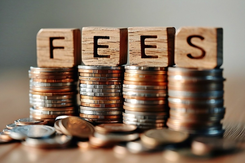 close-up shot of wooden blocks spelling out FEES perched on top of increasing stacks of coins.